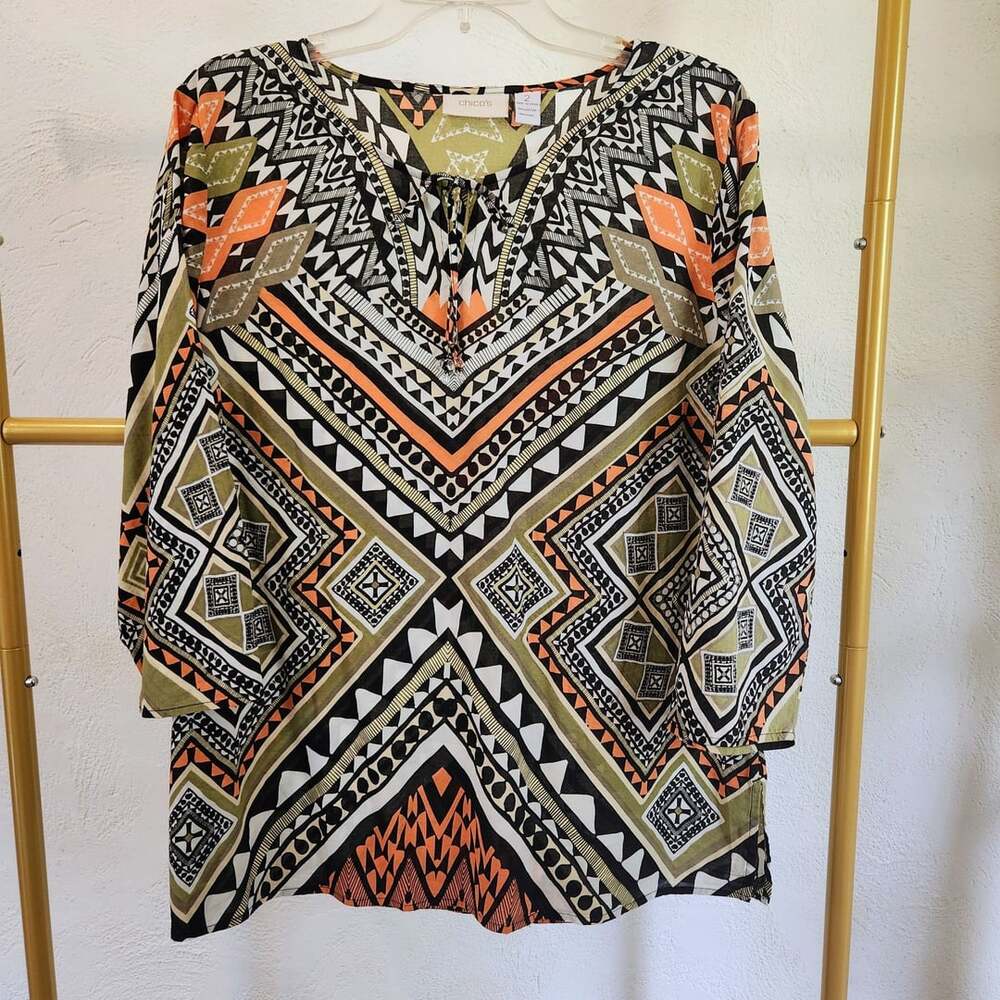 Chico's Geometric Tassel Blouse Size 2 Multi-Color Cotton